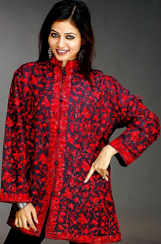 Midnight Blue and Red Kashmiri Jacket with Paisley Embroidery