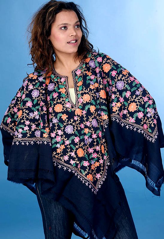 Midnight Blue Floral Poncho with Aari Embroidery