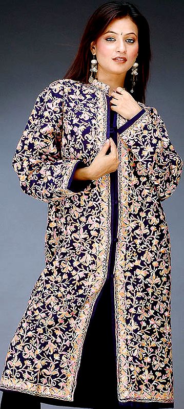 Midnight Blue Long Aari Jacket Embroidered in Kashmir
