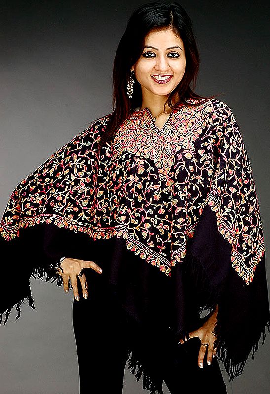 Midnight Blue Poncho with Jaal Aari Embroidery