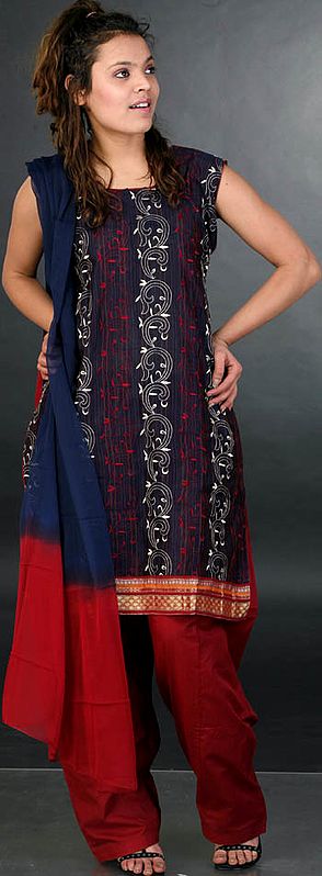 Midnight-Blue and Maroon Salwar Kameez with All-Over Embroidery