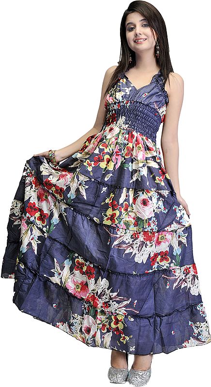 Midnight-Blue Barbie Dress with Printed Flowers