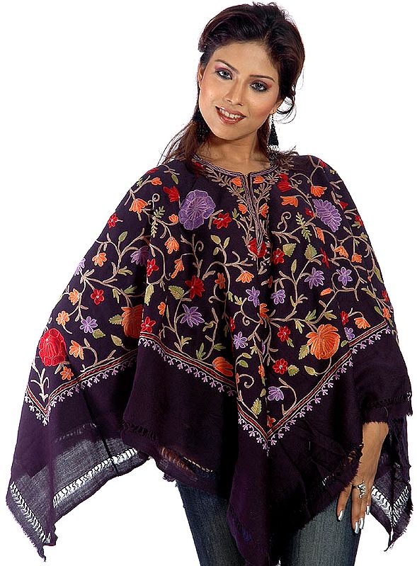 Midnight-Blue Floral Poncho with Aari Embroidery All-Over