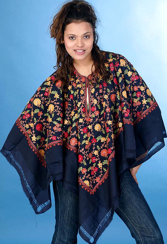 Midnight-Blue Floral Poncho with Aari Embroidery