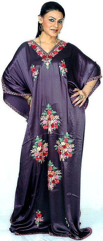 Midnight-Blue Kaftan from Kashmir with Crewel-Embroidered Flowers
