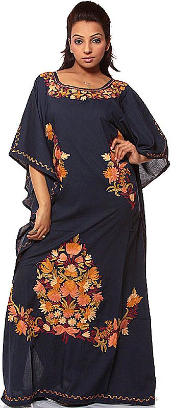 Midnight-Blue Kaftan from Kashmir with Floral Embroidery
