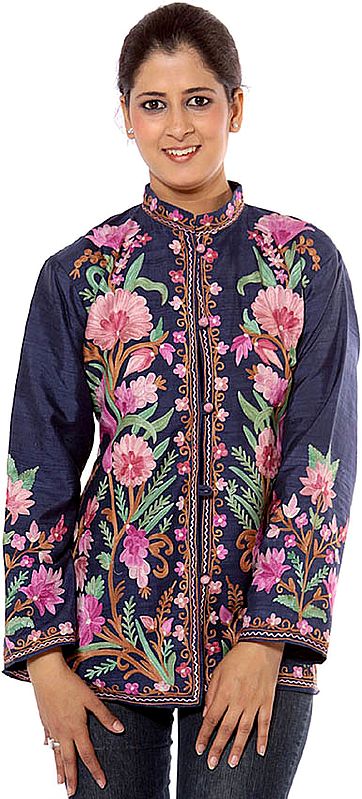 Midnight-Blue Kashmiri Jacket with Large Flowers in Pink Thread
