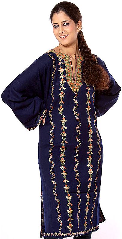 Midnight-Blue Kashmiri Phiran with Crewel Embroidery All-Over