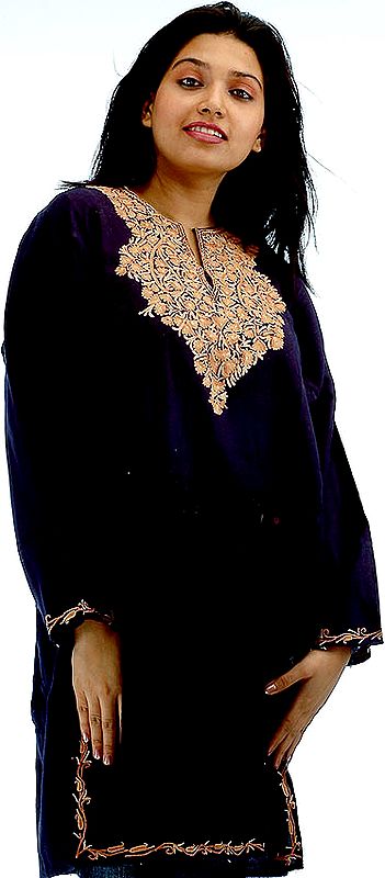 Midnight-Blue Kashmiri Phiran with Embroidery on Neck and Border