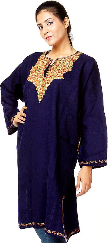 Midnight-Blue Kashmiri Phiran with Hand-Embroidery on Front