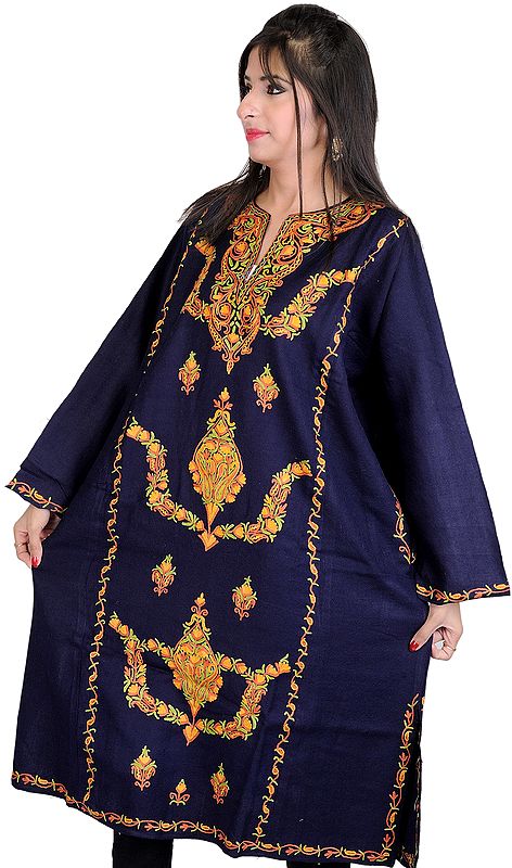 Midnight-Blue Kashmiri Phiran with Hand-Embroidery All-Over