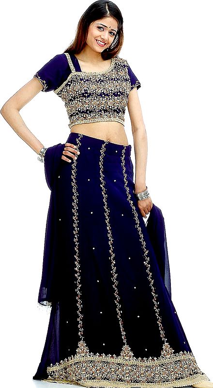 Midnight-Blue Lehenga Choli with All-Over Sequins and Beads
