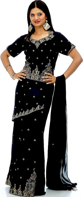 Midnight-Blue Lehenga Choli with Beads and Sequins