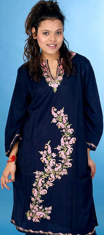 Midnight-Blue Phiran from Kashmir with Aari Embroidery