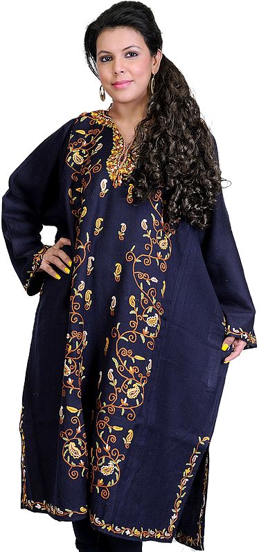 Midnight-Blue Phiran from Kashmir with Crewel Embroidered Paisleys by Hand
