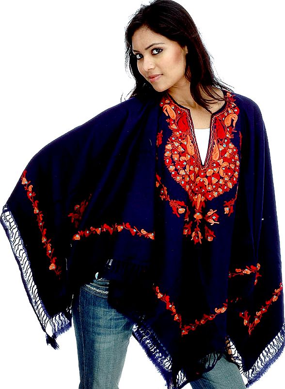 Midnight-Blue Poncho with Aari Embroidery on Border