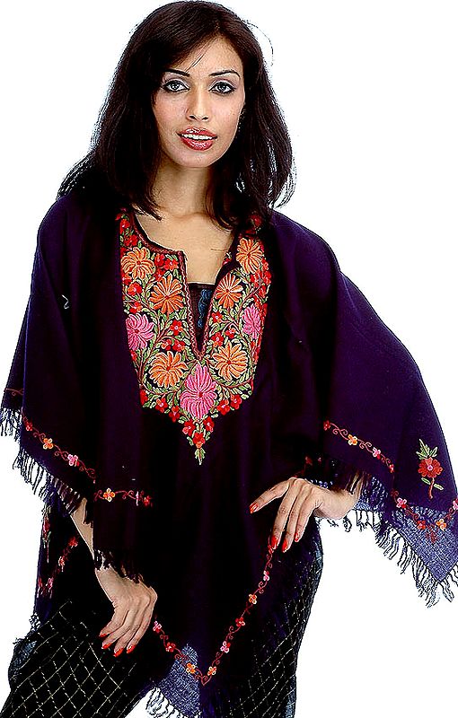 Midnight-Blue Poncho with Floral on Neck and Border