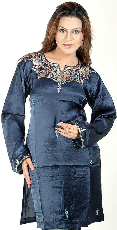 Midnight-Blue Silk Kurti Top from Kashmir with Sequins