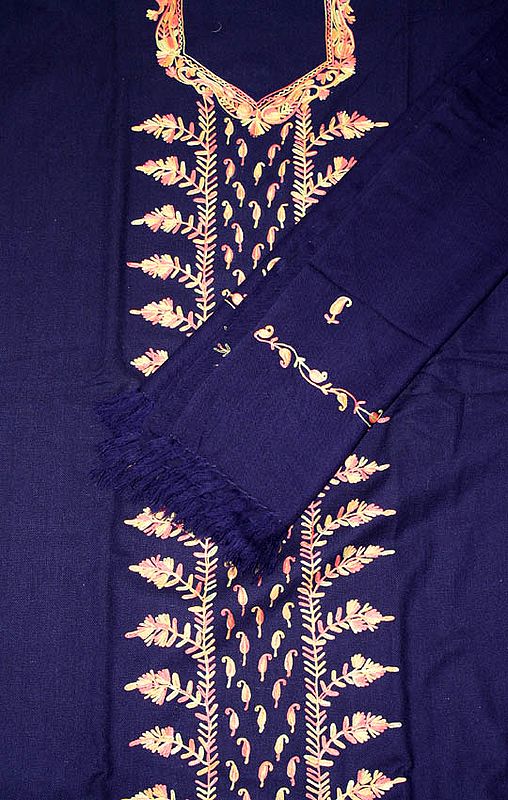 Midnight-Blue Suit from Kashmir with Floral Aari Embroidery