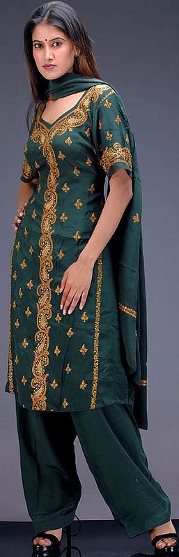 Military Green Suit with Dense Kashmiri Hand-Embroidery