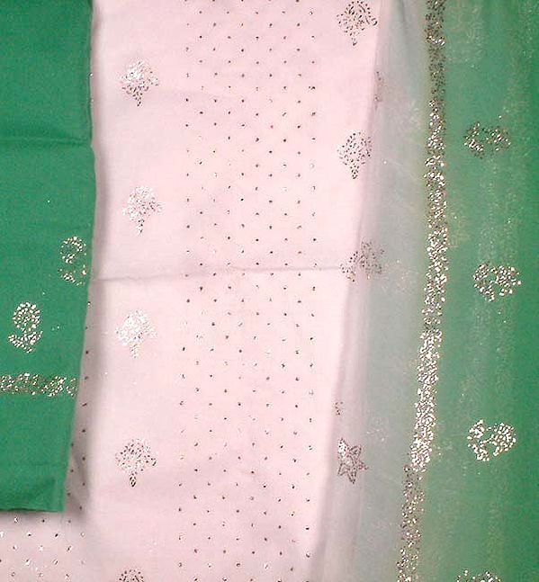 Milky-White Mokaish Suit with Sea-Green Salwar and Georgette Dupatta