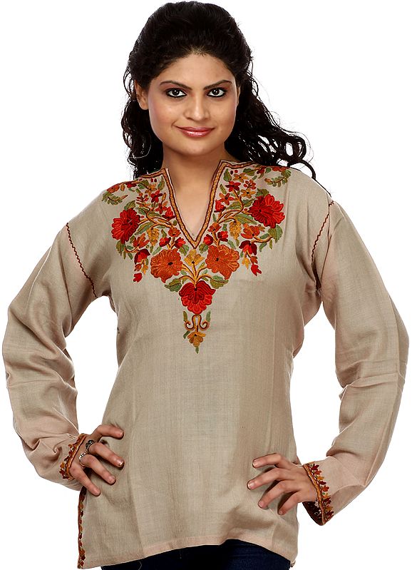 Mineral-Gray Kashmiri Kurti with Hand Embroidered Flowers on Neck