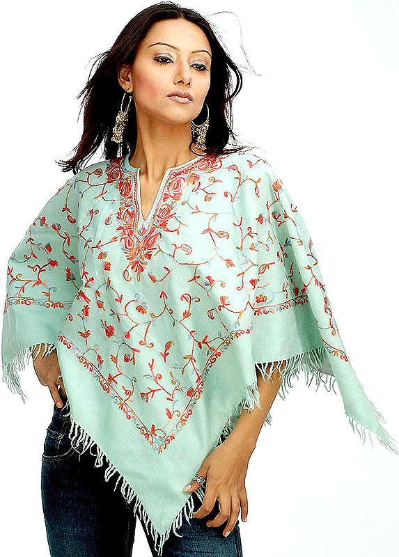 Mint Green Kashmiri Poncho with Jaal Embroidery