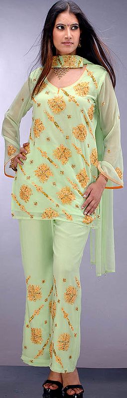 Mint Parallel Salwar Suit with Golden Embroidery and Sequins