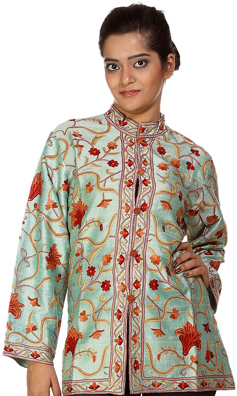 Misty-Jade Kashmiri Jacket with Aari-Embroidered Flowers by Hand