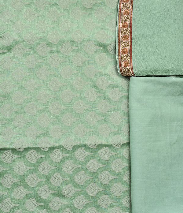 Misty-Jade Salwar Kameez Fabric from Banaras Self Weave and Floral Patch Border