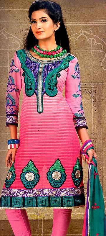 Morning Glory-Pink Churidar Kameez Suit with Crewel Embroidery on Neck and Patch Border