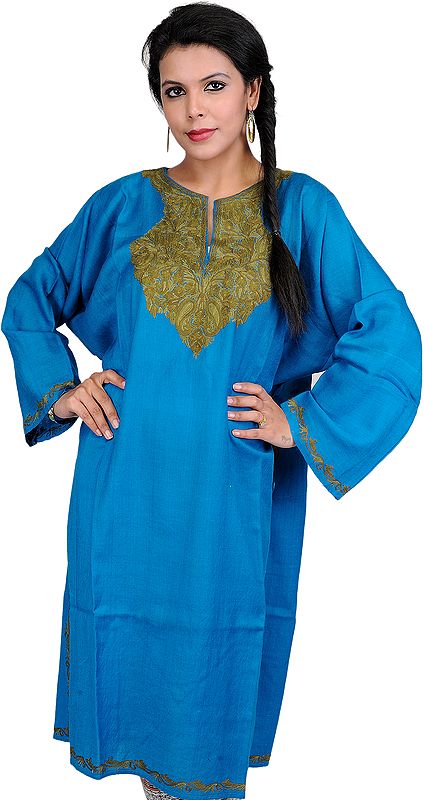 Mosaic-Blue Kashmiri Phiran with Hand-Embroidery on Neck