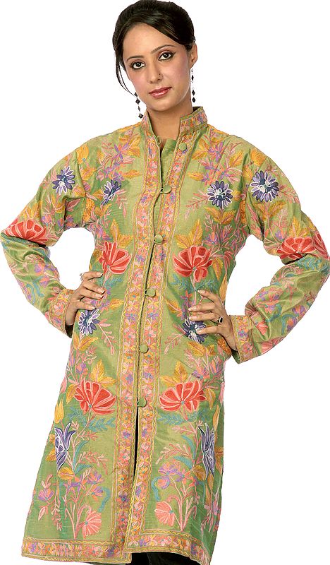 Moss-Green Long Silk Jacket with Phulkari Embroidery All-Over