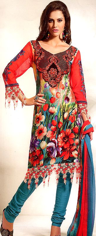 Multi-Color Choodidaar Kameez Suit with Digital Printed Tulips and Embroidery on Neck
