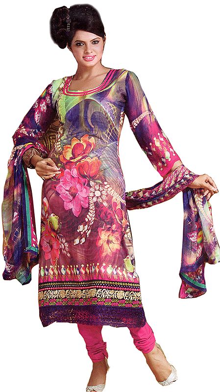 Multi-Color Choodidaar Kameez Suit with Digital Printed Flowers and Crochet Border