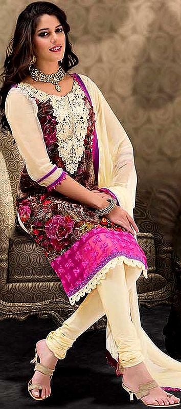 Multi-Color Churidar Kameez Suit with Embroidered Patch on Neck and Printed Flowers