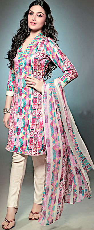 Multi-Color Choodidaar Kameez Suit with Ikat Print