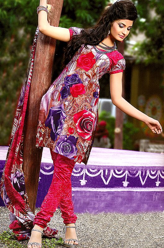 Multi-Color Choodidaar Kameez Suit with Large Printed Roses