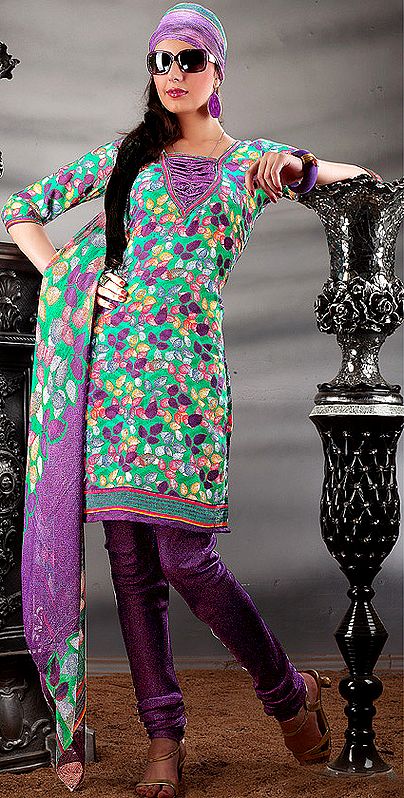 Multi-Color  Choodidaar Kameez Suit with Printed Leaves
