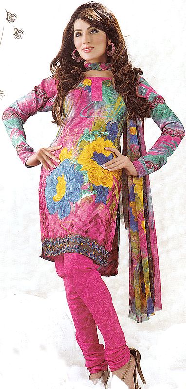 Multi-Color Choodidaar Suit with Printed Flowers and Self Weave All-Over