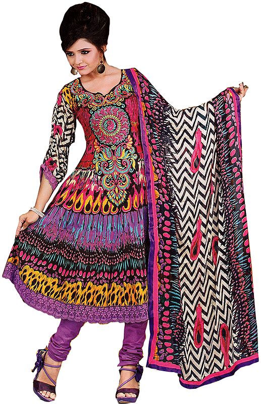 Multi-Color Digital Printed Choodidaar Kameez Suit with Crochet Border