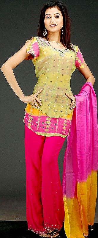 Multi-Color Fish-Cut Parallel Suit with Sequins and Beads