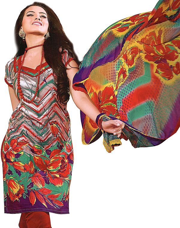 Multi-Color Floral Printed Choodidaar and Kameez Suit`