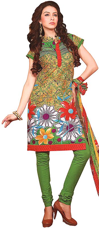 Multi-Color Floral Printed Choodidaar and Kameez Suit