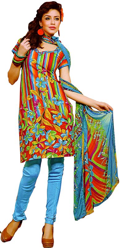 Multi-Color Floral Printed Choodidaar Kameez Suit