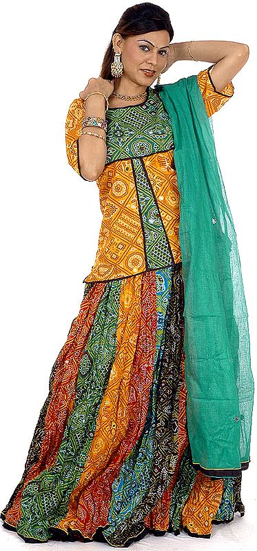 Multi-Color Ghagra Choli from Rajasthan with Mirrors and Chunri Print