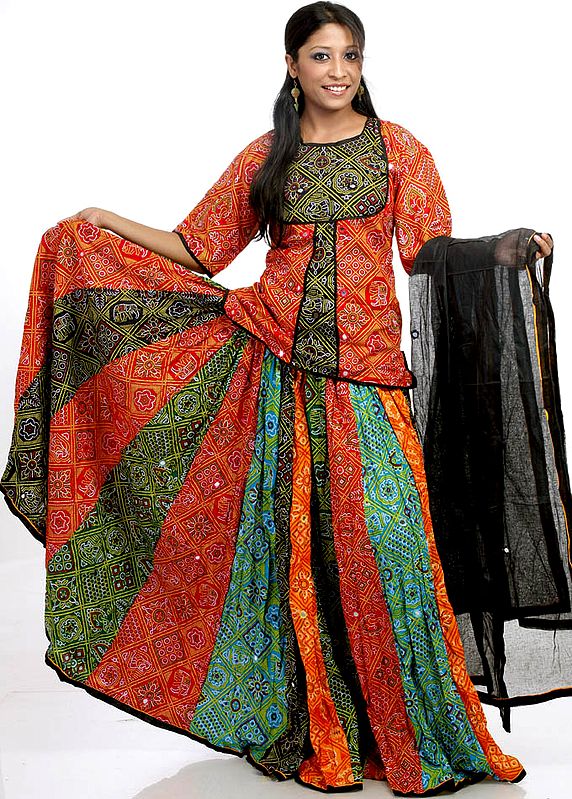 Multi-Color Gypsy Ghagra Choli from Rajasthan with Mirrors and Chunri Print
