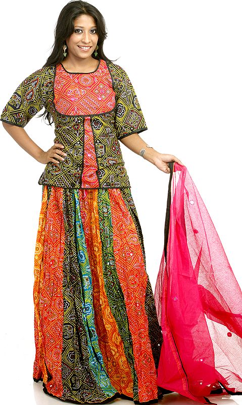 Multi-Color Gypsy Ghagra Choli from Rajasthan with Mirrors and Chunri Print