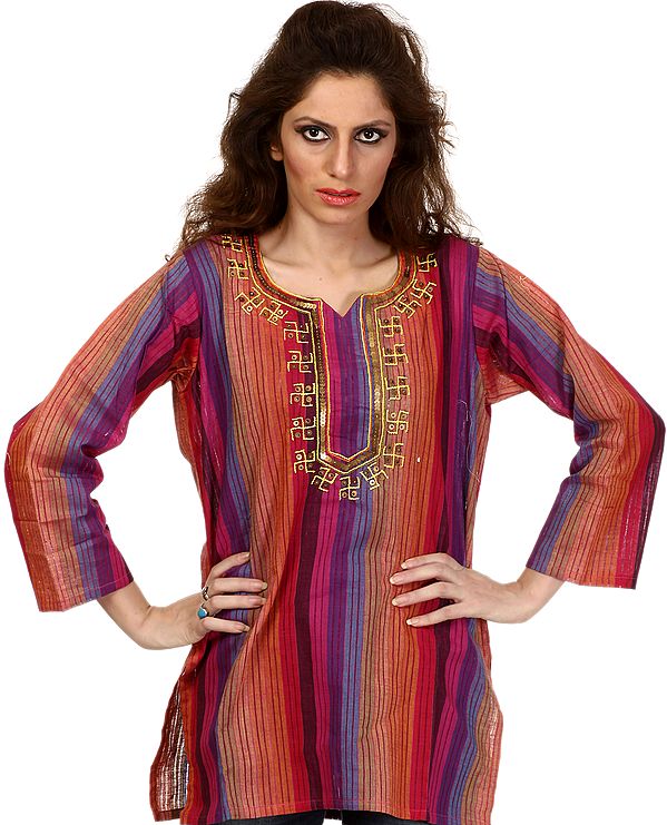Multi-Color Kurti with Embroidered Swastiks on Neck and Sequins