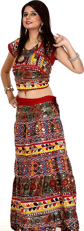 Multi-Color Lehenga Choli from Kutch with All-Over Multi-Thread Embroidery and Mirrors